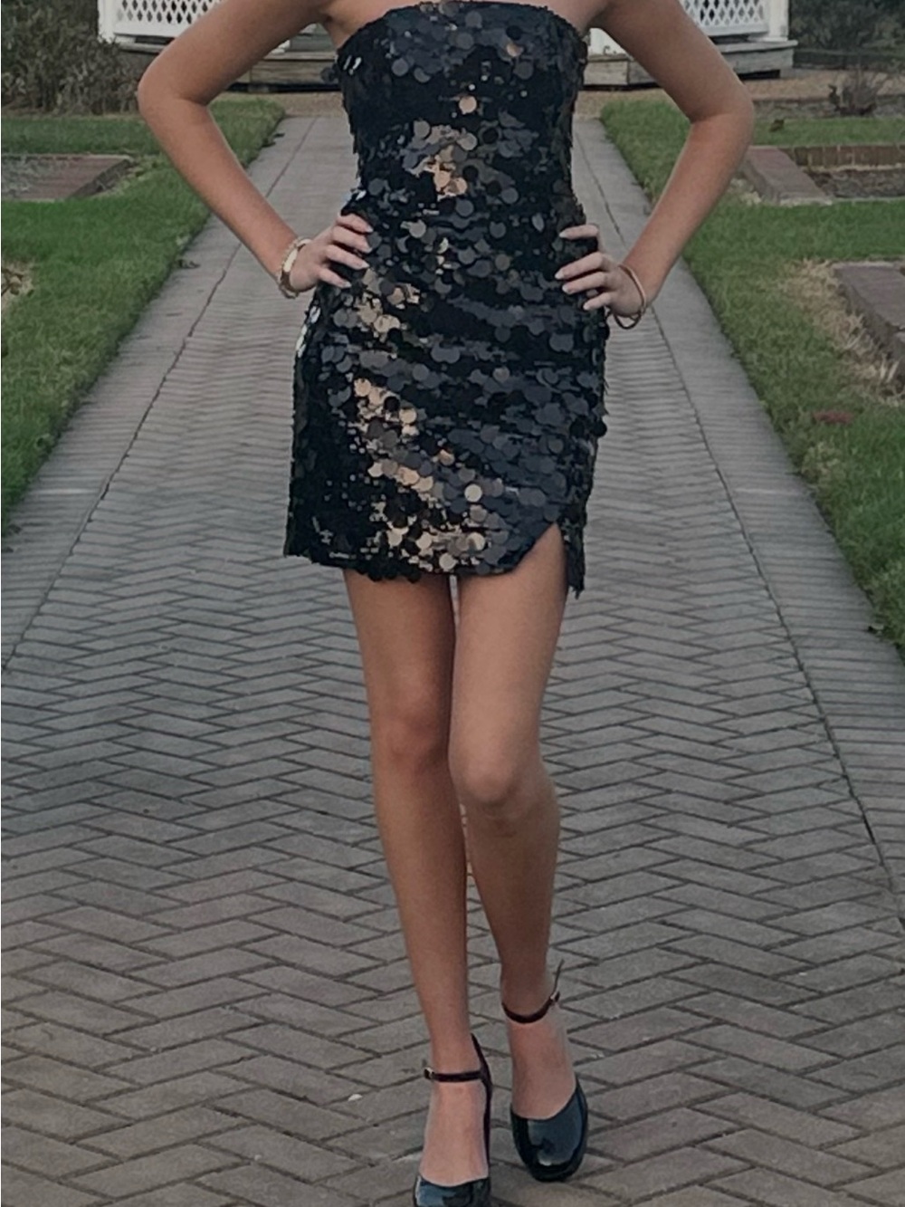 Faviana Black Sequin Strapless Mini Dress